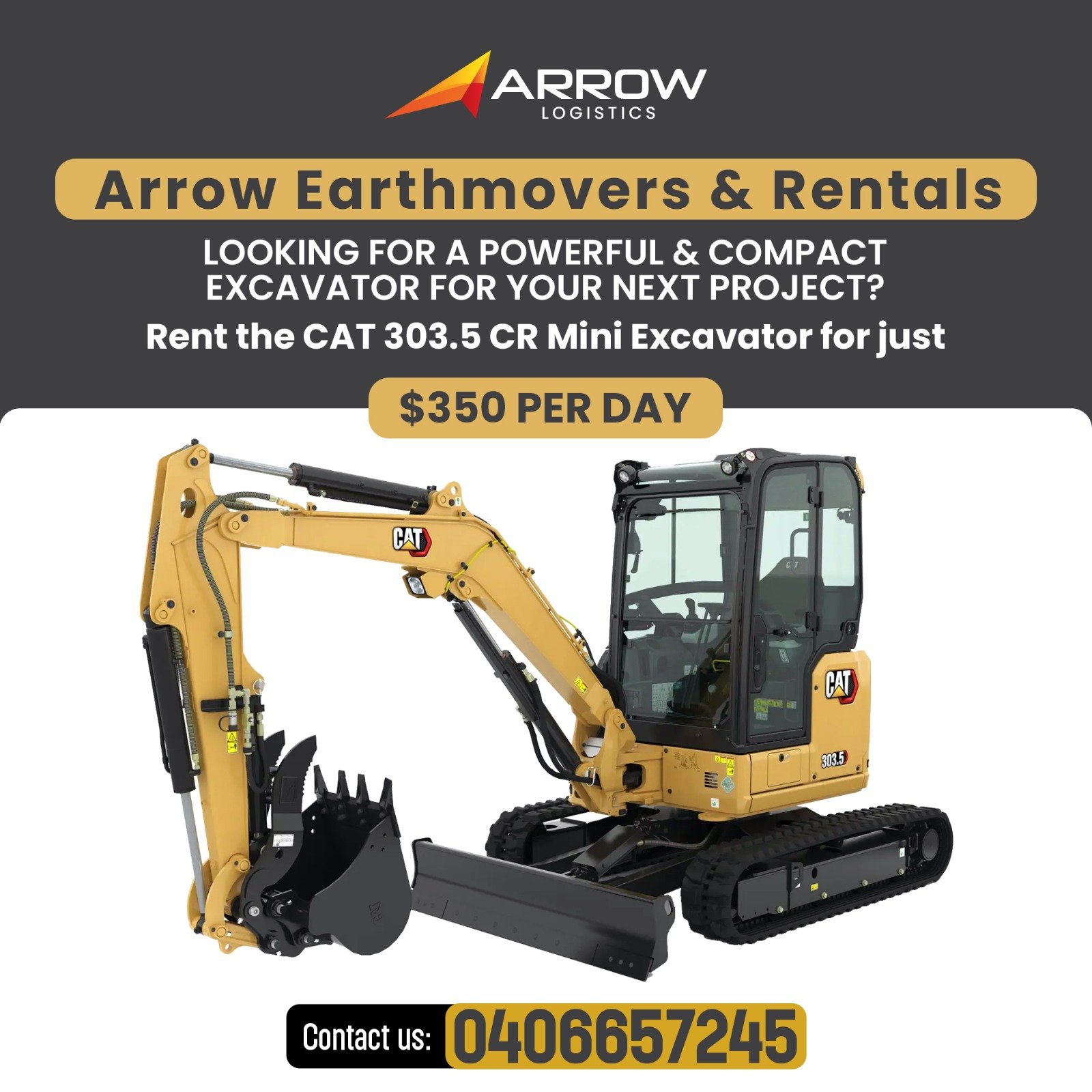 Rent the CAT 303.5 CR Mini Excavator for just $350 PER DAY