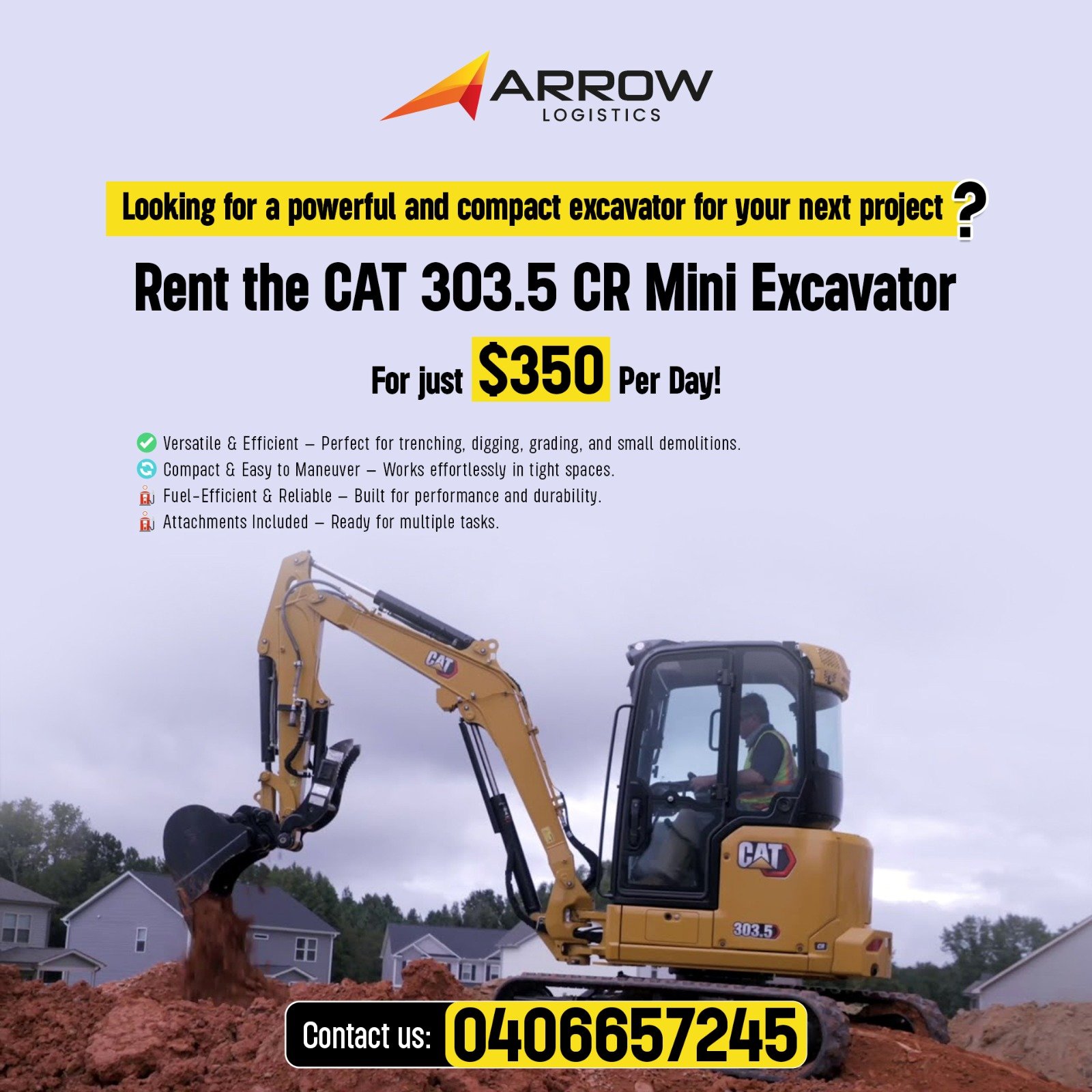 Rent the CAT 303.5 CR Mini Excavator for just $350 PER DAY